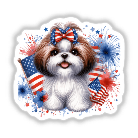 Patriotic Shih Tzu Dog American Flag II: A cute Shih Tzu adorned with a red, white, and blue bow, surrounded by American flags, available as stickers or digital artwork.