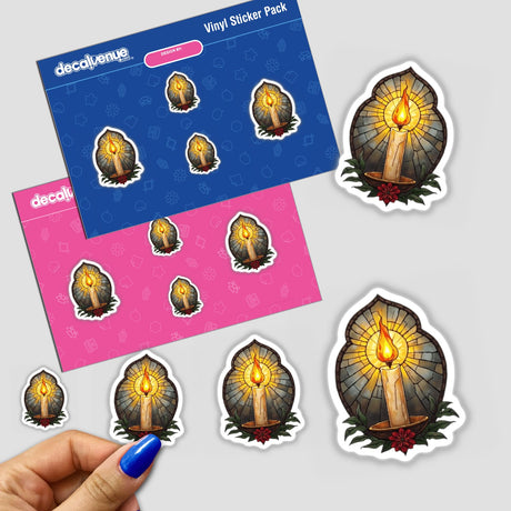 Stained Glass Paschal Candle Clipart featuring a candle within a stained glass window, available as a sticker or digital artwork, reflecting Decal Venue's unique vinyl and digital offerings.