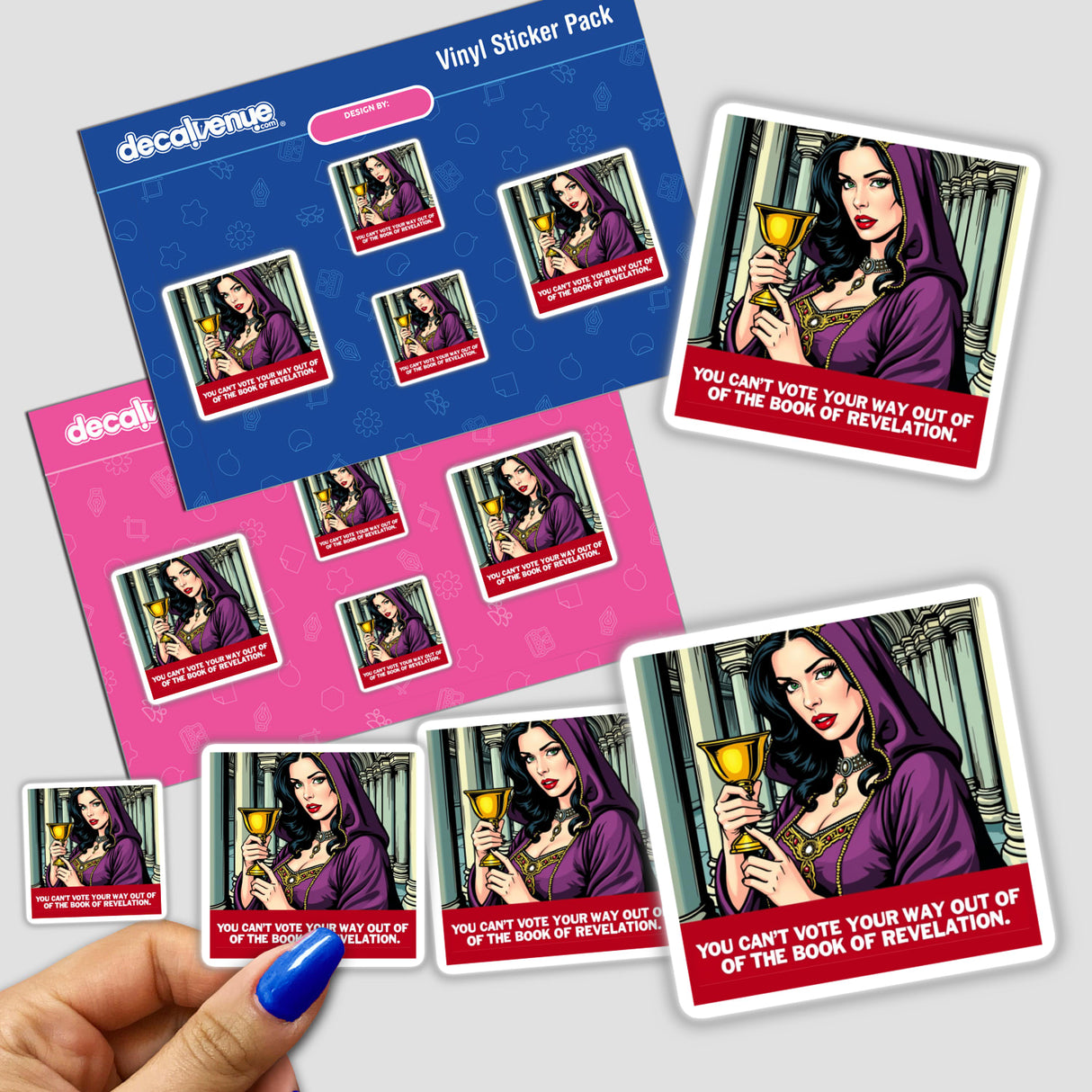 Hand holding Revelation 17:4 - Whore of Babylon Bible Pop Art sticker pack featuring a woman with a cup, available as stickers or digital artwork.