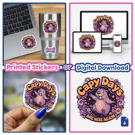 Capy Days Are Here Again Sticker or Clipart featuring a whimsical capybara design, shown on a laptop, highlighting its playful theme and available as a sticker or digital artwork.