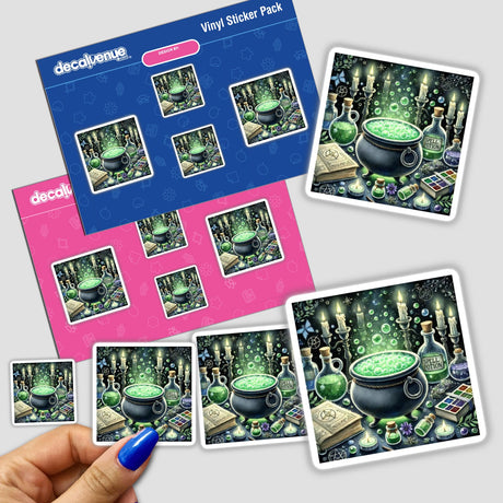 Hand holding a sticker pack titled 'Witch's Brew - Cauldron with Bubbling Potion Watercolor,' featuring a cauldron with green bubbles and mystical elements.