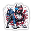 American Flag Splash Pitbull Dog design, available as stickers or digital artwork, showcasing a dynamic portrayal of a pitbull with American flag elements, ideal for unique vinyl decor or digital use.