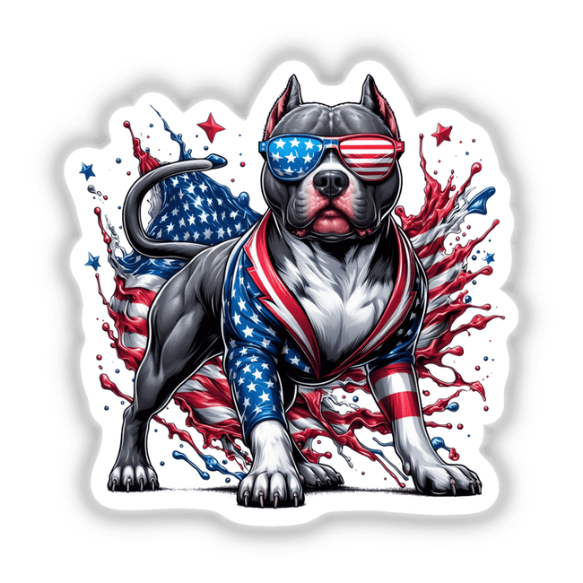 American Flag Splash Pitbull Dog design, available as stickers or digital artwork, showcasing a dynamic portrayal of a pitbull with American flag elements, ideal for unique vinyl decor or digital use.