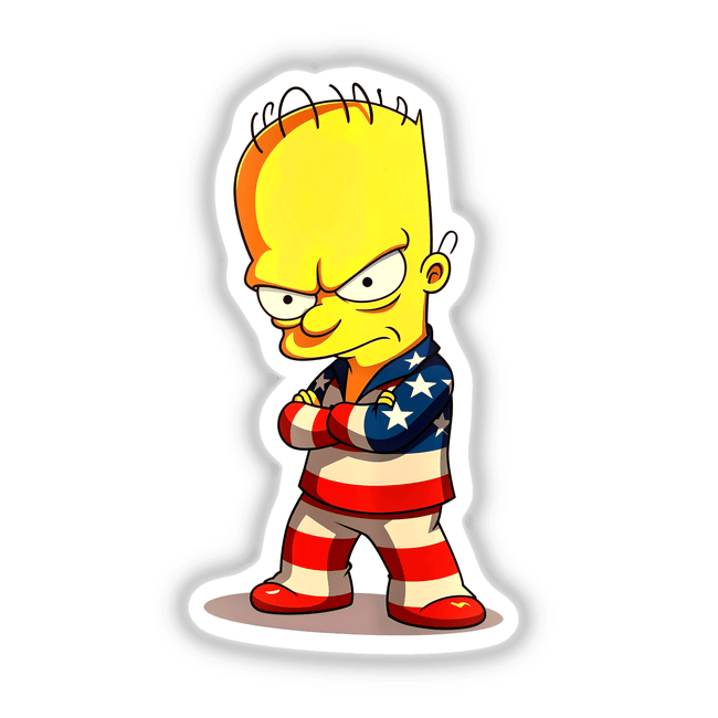 A Funny Guy With An American Flag Outfit features a cartoon character with crossed arms, large head, and flag-themed attire, available as stickers or digital artwork from Decal Venue.