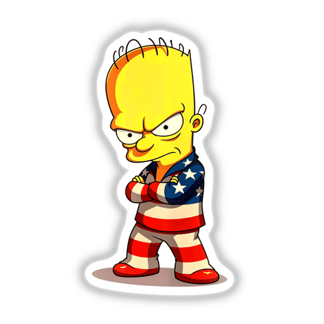 A Funny Guy With An American Flag Outfit features a cartoon character with crossed arms, large head, and flag-themed attire, available as stickers or digital artwork from Decal Venue.