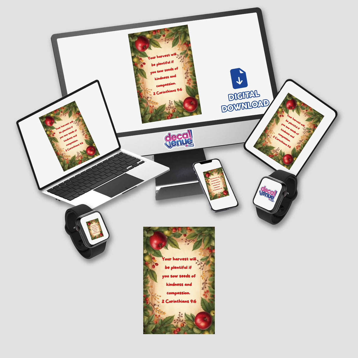 Apple Harvest Bible Verse Clipart – 2 Corinthians 9:6 – Stickers or Commercial Rights Download; image shows a computer monitor, laptop, tablet, and phone displaying fruit-themed artwork with text.