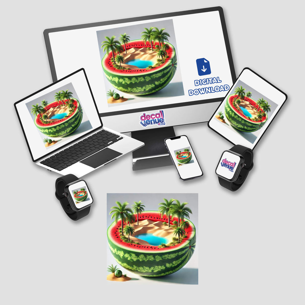 Mystic Sands Desert Oasis Inside a Watermelon sticker or digital artwork, featuring a laptop, smartwatch, and cellphone with a watermelon scene of a desert, palm trees, and beach.