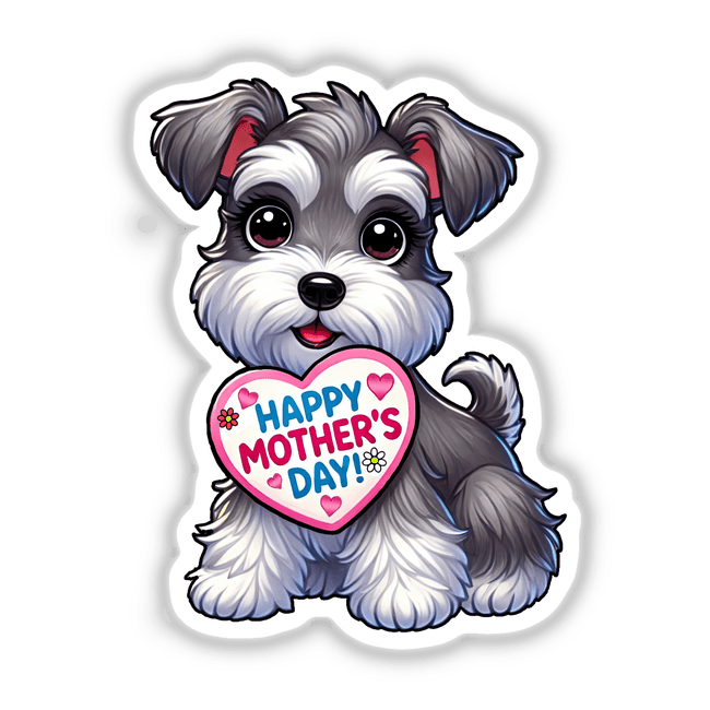 Mother’s Day Schnauzer – Cute Pup Holding Heart Sign with Love Message, featuring a cartoon dog holding a heart, available as a sticker or digital artwork from Decal Venue.
