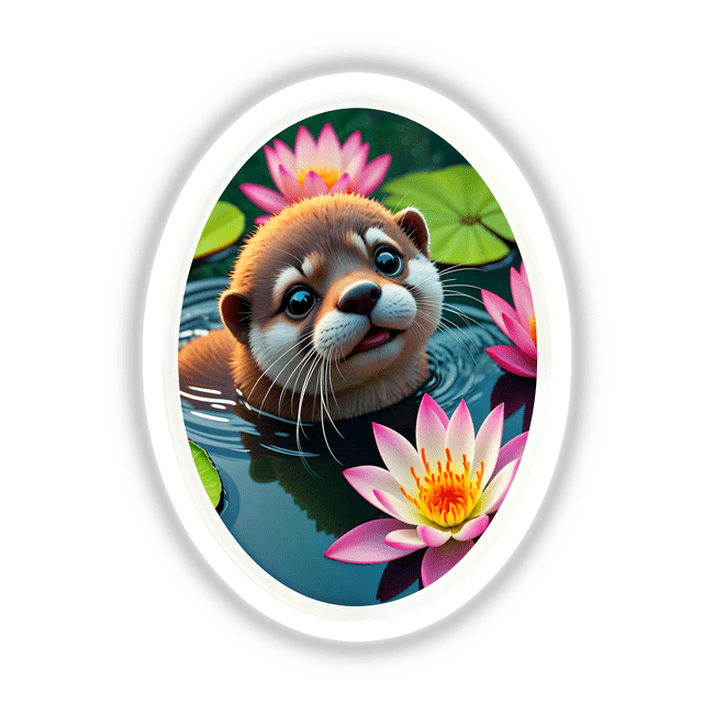 Cute Otter In The Water: A cartoon otter floats in a pond surrounded by flowers, featured as stickers or digital artwork from Decal Venue's unique collection.