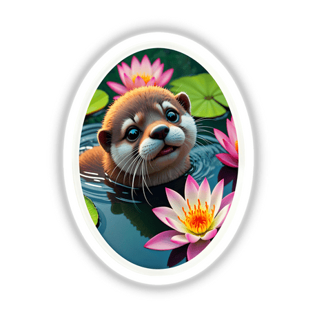 Cute Otter In The Water: A cartoon otter floats in a pond surrounded by flowers, featured as stickers or digital artwork from Decal Venue's unique collection.