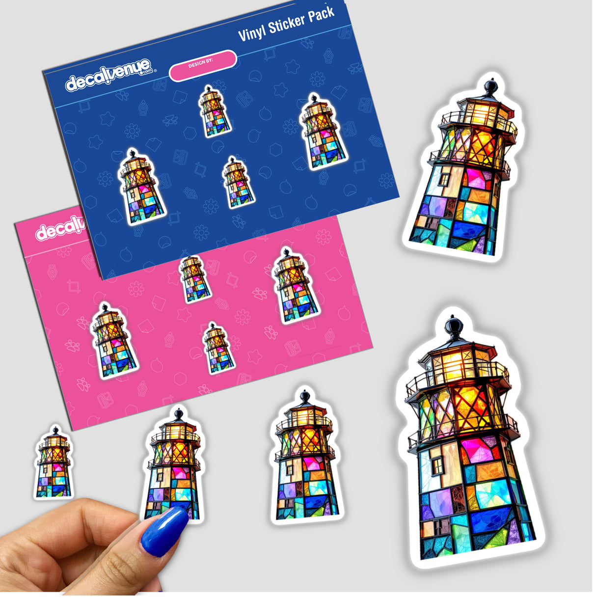 Lighthouse Stained Glass Style sticker, featuring a detailed cartoon lighthouse design, ideal for unique decoration. Available from Decal Venue, known for distinctive stickers and digital artwork.