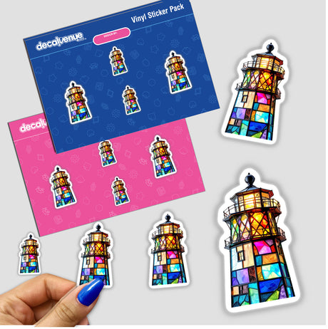 Lighthouse Stained Glass Style sticker, featuring a detailed cartoon lighthouse design, ideal for unique decoration. Available from Decal Venue, known for distinctive stickers and digital artwork.