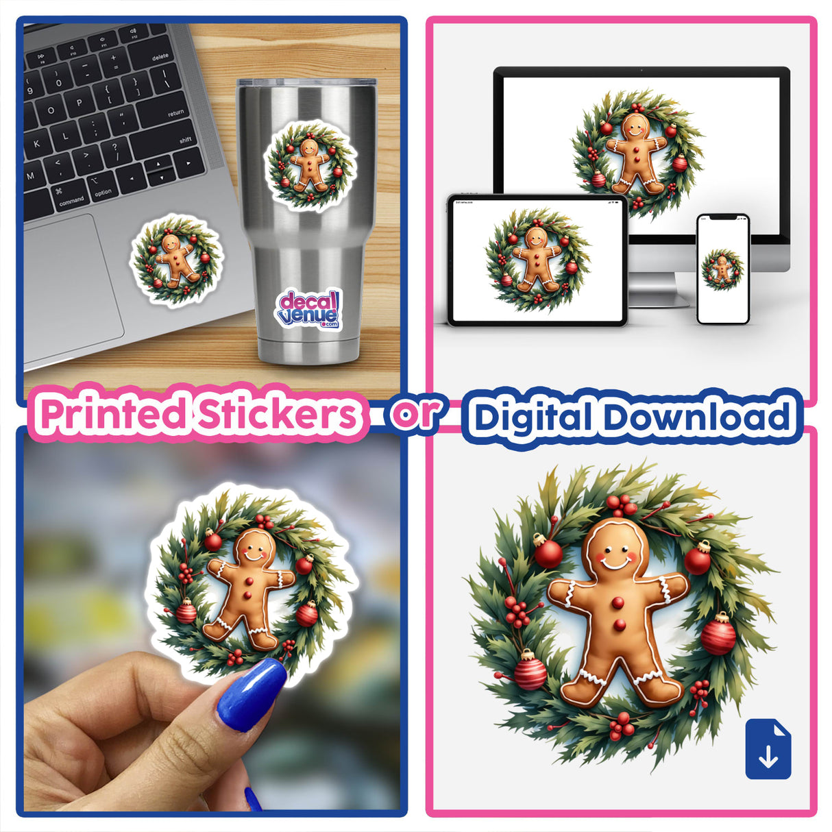Gingerbread Man in a Christmas Wreath sticker collage, featuring close-ups of the design on various items like a laptop and phone, showcasing Decal Venue's unique stickers and digital art offerings.