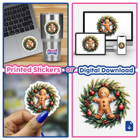 Gingerbread Man in a Christmas Wreath sticker collage, featuring close-ups of the design on various items like a laptop and phone, showcasing Decal Venue's unique stickers and digital art offerings.