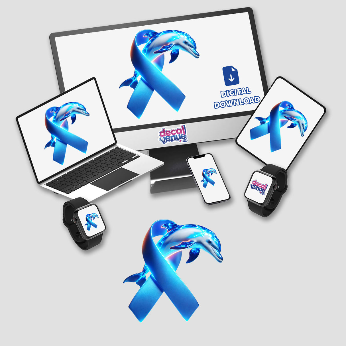 Dolphin Colon Cancer Awareness Blue Ribbon sticker or digital artwork featuring a dolphin on screens, highlighting colon cancer awareness through a prominent dolphin and blue ribbon design.