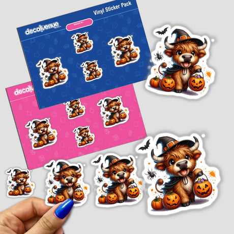 Cute Halloween Highland Cow in Costume sticker pack featuring cartoon cows holding pumpkin baskets.