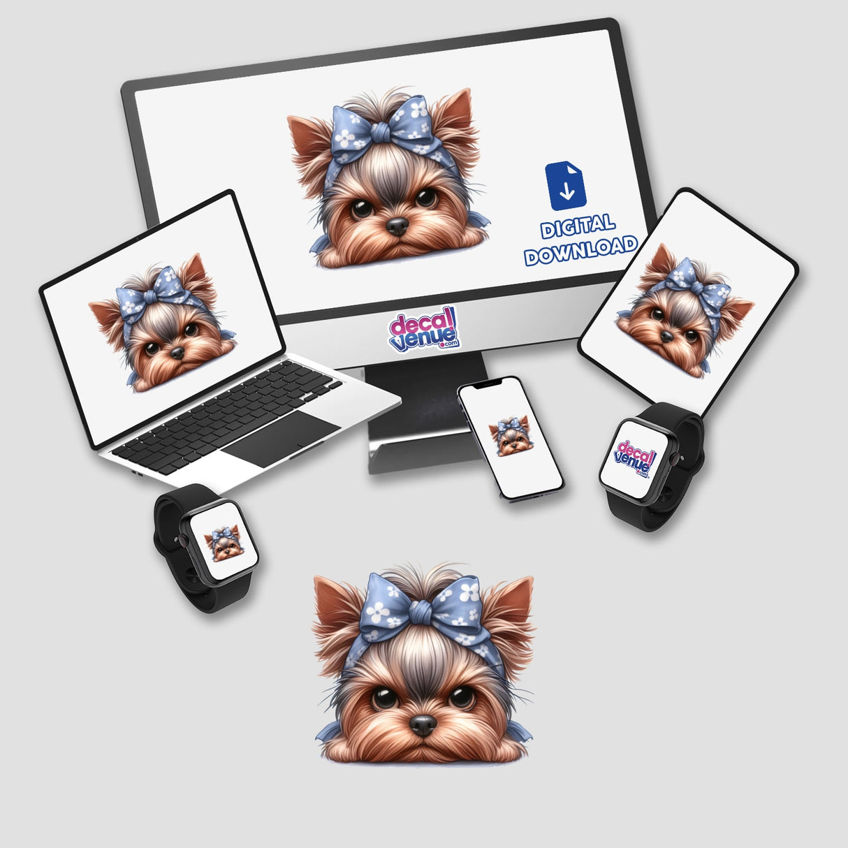 Adorable Yorkshire Terrier with a bow, featured on various digital devices and products from the Decal Venue store.