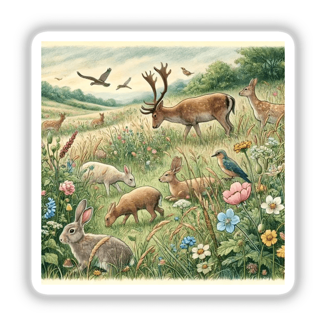 Tranquil Meadow Retreat: A serene digital artwork featuring various animals like deer, rabbits, and birds in a lush, grassy field, available as stickers or digital downloads.