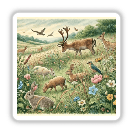 Tranquil Meadow Retreat: A serene digital artwork featuring various animals like deer, rabbits, and birds in a lush, grassy field, available as stickers or digital downloads.
