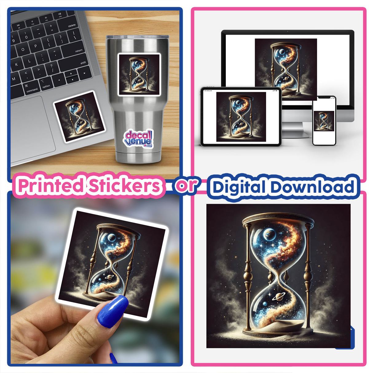 Timeless Sand - Hourglass Filled with Cosmic Dust digital art, featuring a collage with celestial hourglasses, a laptop, and a person's finger, highlighting astronomy and space-themed designs by DecalVenue.