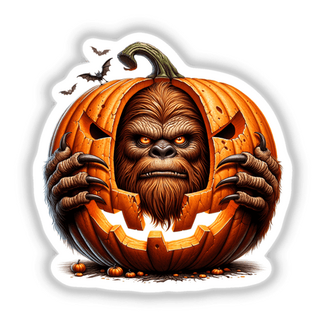 Frightening Sasquatch emerging from Halloween pumpkin, digital artwork with bats flying around
