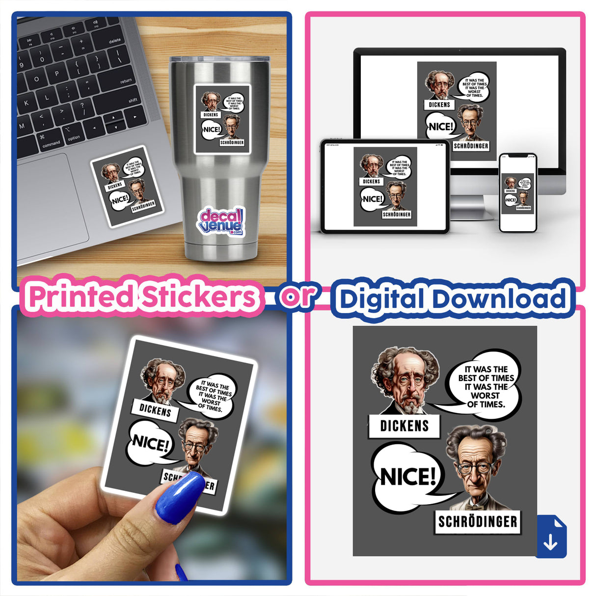 Dickens & Schrödinger Paradoxical Quote sticker collage featuring a laptop, phone, and digital art. A humorous quantum physics design, perfect for science enthusiasts from Decal Venue.