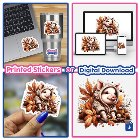 Autumn Pig in Cozy Sweater - Digital artwork featuring a cute porcine figure in a warm, fall-themed illustration with leaves and nature elements, presented in various digital and printed formats.