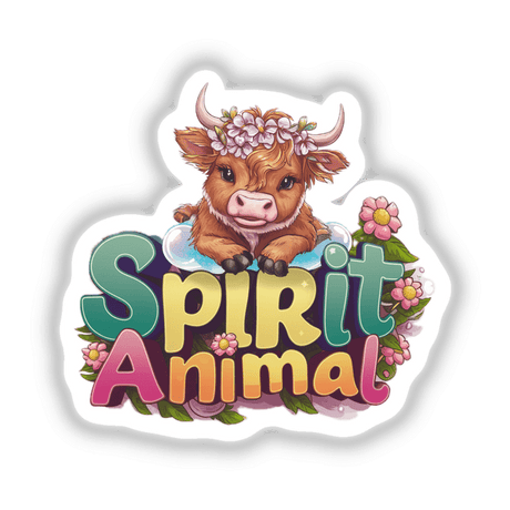 Adorable highland cow wearing a flower crown against a colorful "Spirit Animal" text, surrounded by vibrant flowers - a whimsical and magical digital artwork from the Decal Venue store.