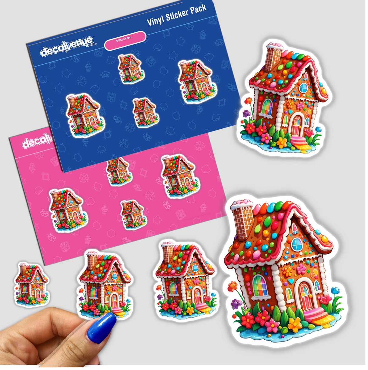 Adorable Gingerbread House Sticker - Delightful Kawaii Holiday Design featuring a cartoon gingerbread house adorned with flowers and grass, available as individual stickers or a sticker pack.