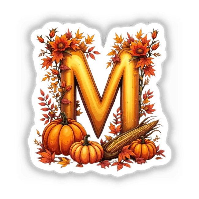 Fall Aesthetic Letter M Clipart featuring pumpkins, corn, flowers, and leaves. Available as stickers or digital artwork with commercial rights.