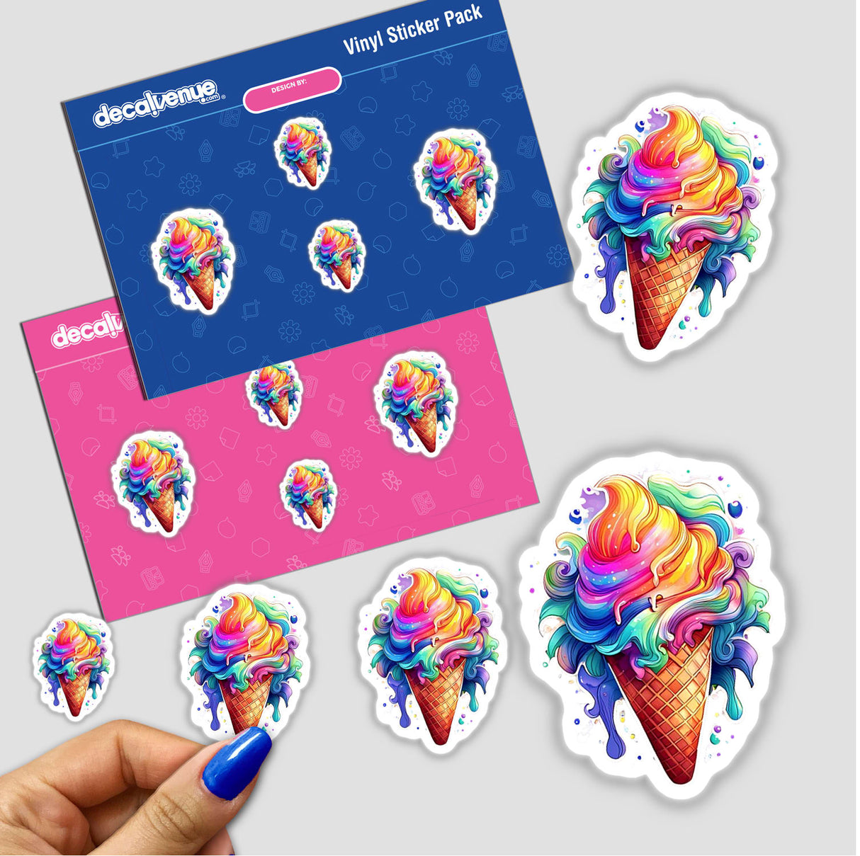 Colorful ice cream cone stickers in a variety of vibrant designs, including melting rainbow ice cream cones, displayed on a bright pink and blue background.