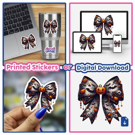 Collage featuring the Pumpkin Decorated Coquette Bow, highlighting its black and orange design with pumpkins and bats. Available as stickers or digital artwork from Decal Venue.