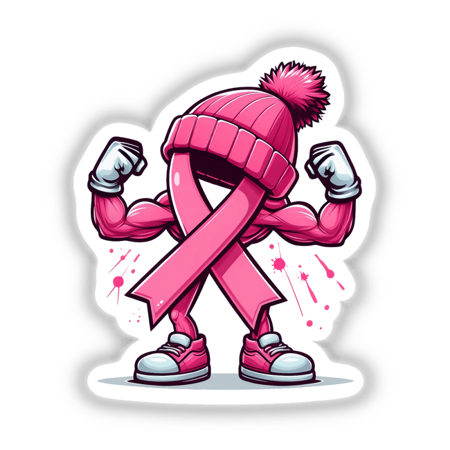 Flexing Pink Breast Cancer Ribbon Beanie III: Cartoon pink ribbon with white gloves, flexing in a beanie, available as stickers or digital artwork from Decal Venue.