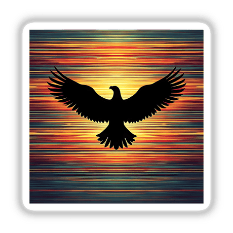 Eagle Silhouette with Dynamic Multi-Color Stripes showing a black bird with wings spread in flight, available as stickers or digital artwork.