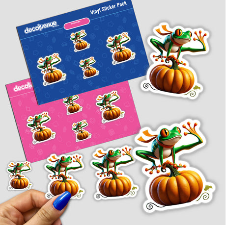 Sticker of a cartoon frog standing on a pumpkin, available as both stickers and digital artwork.