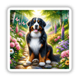 Bernese Mountain Dog on a Peaceful Mountain Trail Watercolor Illustration showcasing a serene dog seated on a forest path, available as stickers or digital artwork from Decal Venue.