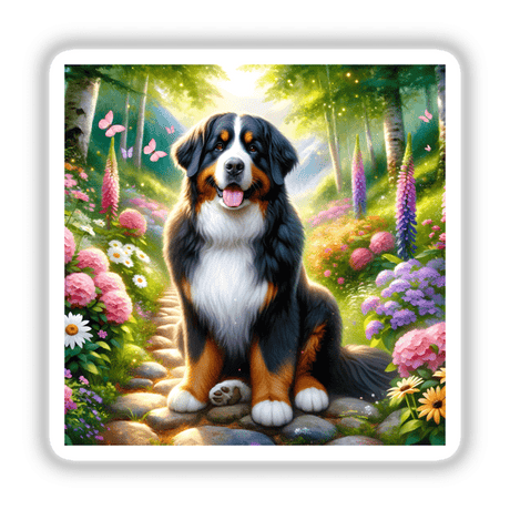 Bernese Mountain Dog on a Peaceful Mountain Trail Watercolor Illustration showcasing a serene dog seated on a forest path, available as stickers or digital artwork from Decal Venue.
