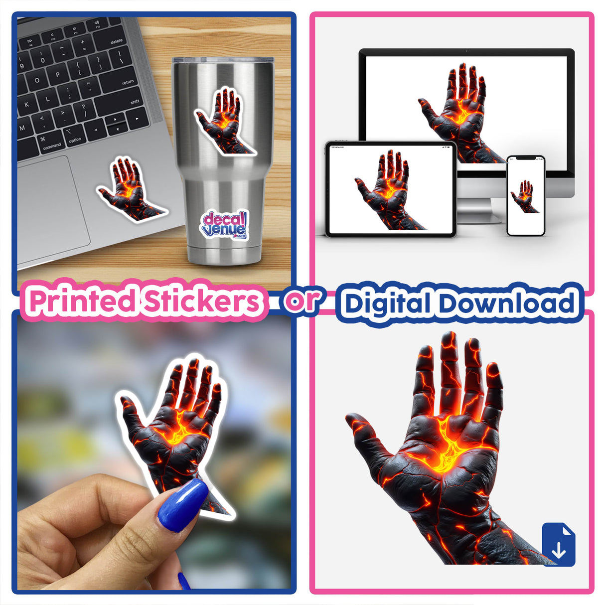 Molten Lava Human Hand collage, showcasing various hand images with molten lava effects. Available as unique stickers or digital artwork from Decal Venue, emphasizing creative and distinctive designs.