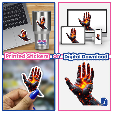 Molten Lava Human Hand collage, showcasing various hand images with molten lava effects. Available as unique stickers or digital artwork from Decal Venue, emphasizing creative and distinctive designs.