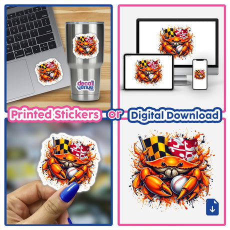 Sticker featuring an orange crab holding a baseball and Maryland flag, shown on a laptop, a phone, and a hand.