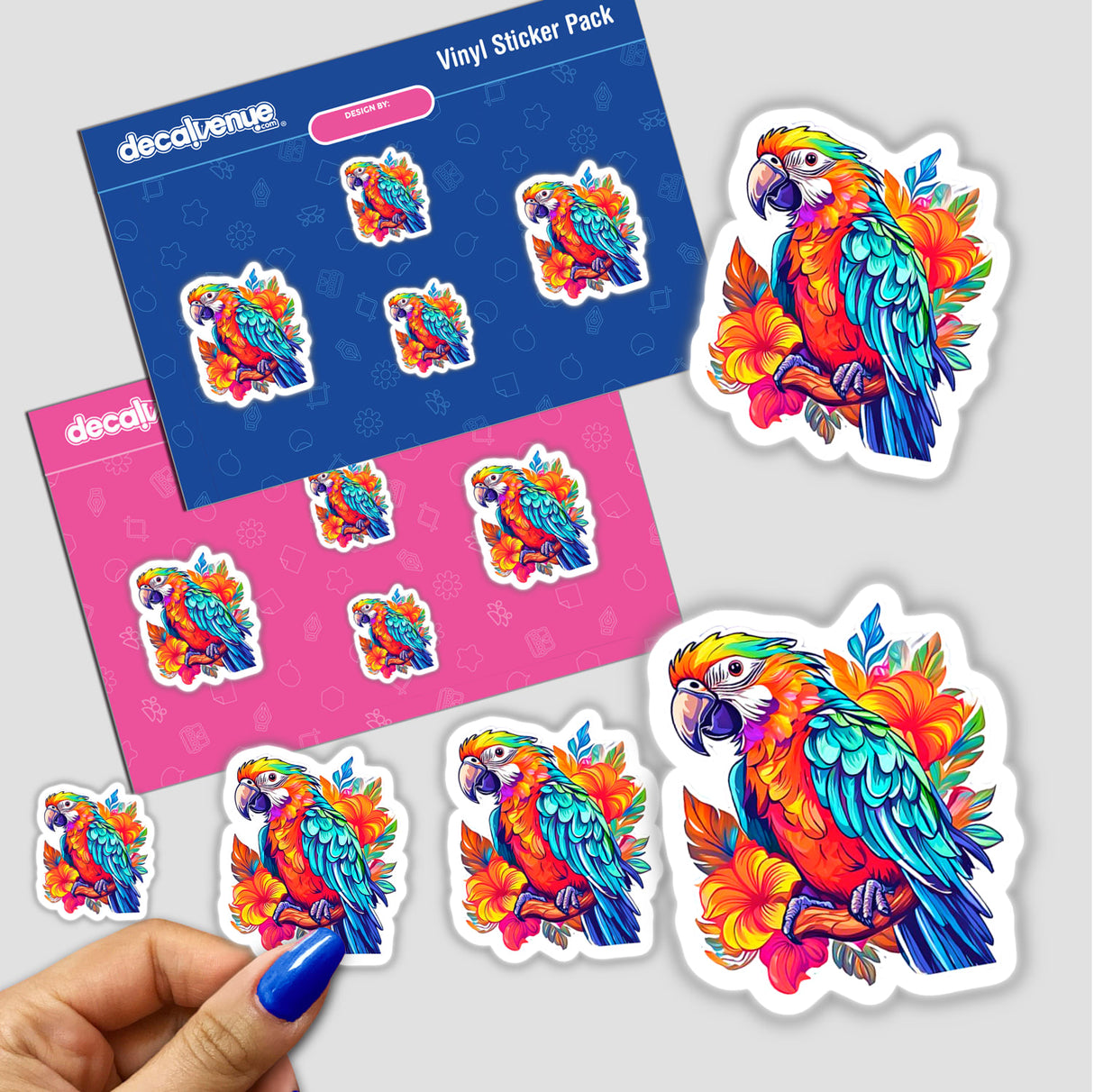 Parrot sticker featuring colorful parrots on branches, ideal for kids' art projects or stationery. Available as a sticker or digital artwork.