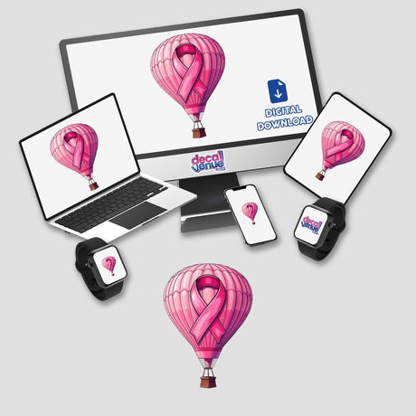 Hot Air Balloon Pink Ribbon Breast Cancer-2 depicted across a monitor, laptop, tablet, and smartphone, highlighting a pink hot air balloon with a ribbon, available as stickers or digital artwork.