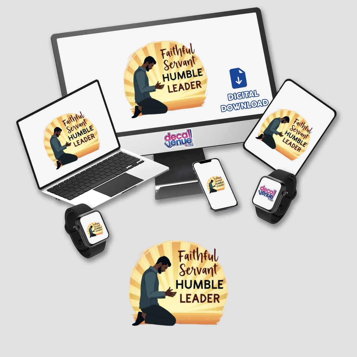 Faithful Servant, Humble Leader Pastor Appreciation Sticker featuring a digital artwork of a man kneeling, available as a sticker or clipart download, ideal for National Pastor Day celebrations.