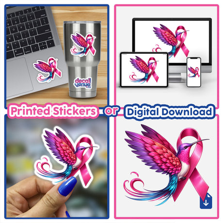 Hummingbird Pink Ribbon Breast Cancer Awareness sticker, featuring a pink and purple bird intertwined with a ribbon. Available as a unique vinyl sticker or digital artwork from Decal Venue.