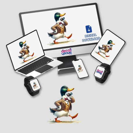 Whimsical digital artwork featuring a mallard duck in camera operator attire, showcased on various digital devices including a laptop, smartphone, and smartwatch. The product is called "Mallard Duck Camera Man" and is available through the Decal Venue storefront, which specializes in unique stickers and digital art.