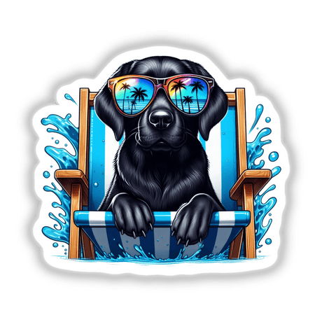 Peeking black lab sitting in a beach chair wearing sunglasses, available as stickers or digital artwork. Perfect for adding a playful touch to your space from Decal Venue.