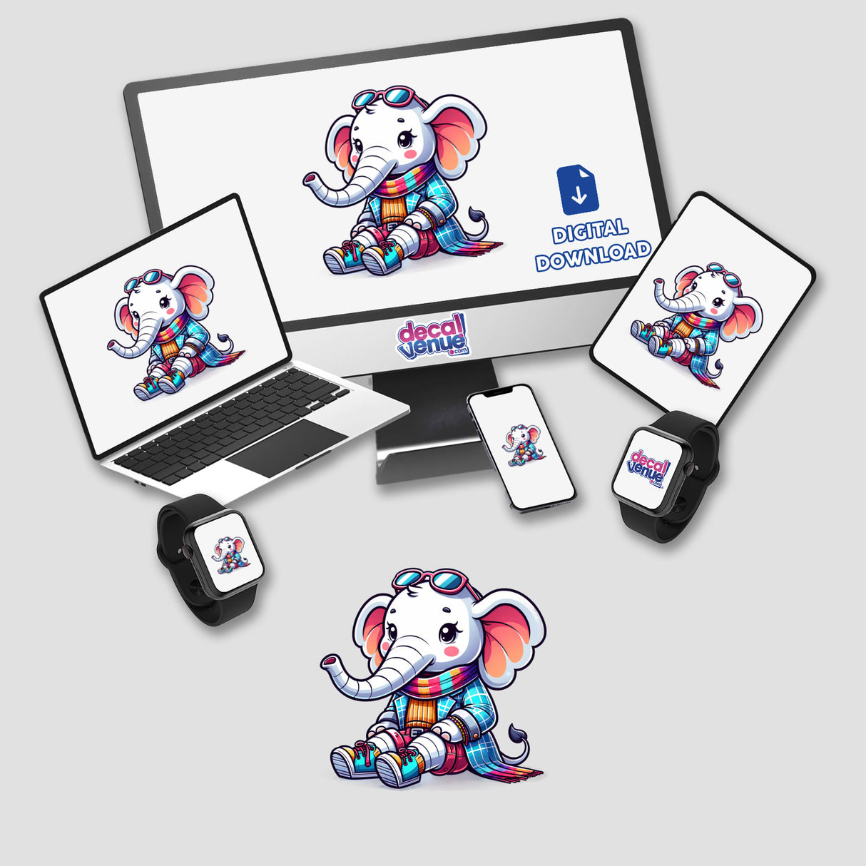 Trendy Elephant digital artwork displayed on computer monitor, laptop, tablet, smartwatch, and phone screens, available as stickers or digital downloads.
