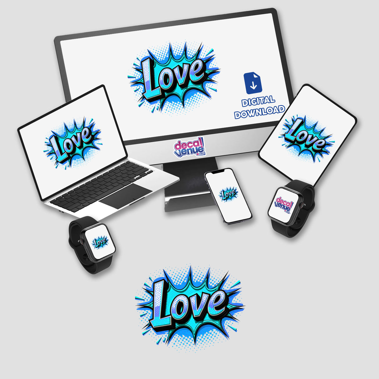 Love Valentine's Day design featuring a computer monitor, laptop, phone, and smartwatch available as unique stickers or digital artwork, capturing a tech-themed romantic essence from Decal Venue.