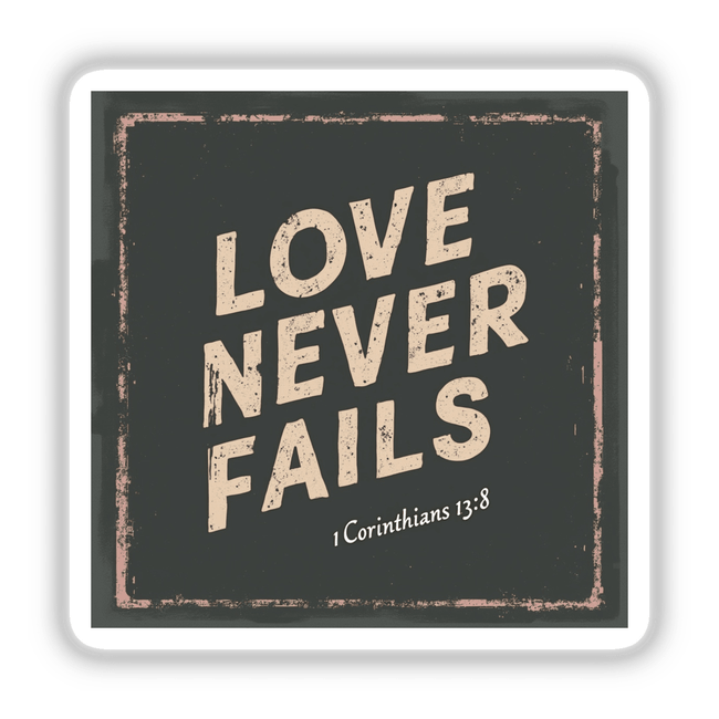 Love Never Fails- 1 Corinthians 13:8 - Christian Sticker or Clipart featuring bold white text on a black square, suitable for decals or digital use with commercial rights.
