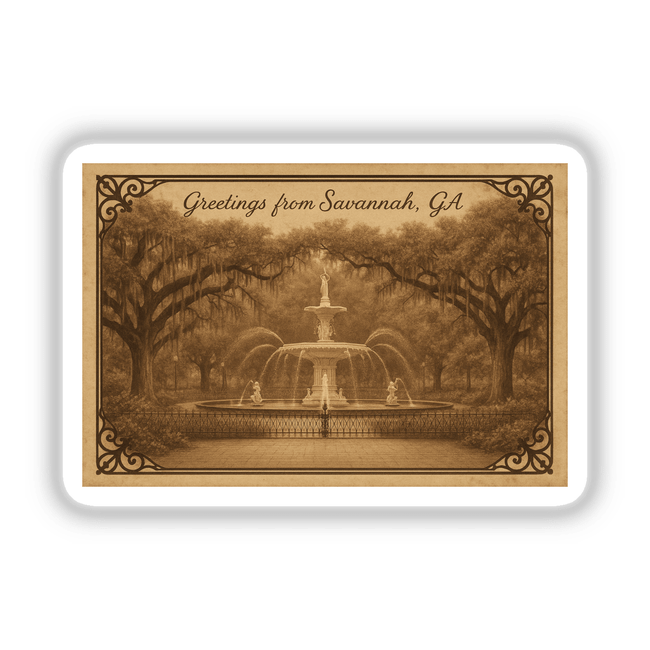 Greetings from Savannah Postcard Sticker or Clipart showcases vintage park art, available as stickers or digital artwork with commercial rights, embodying Decal Venue's unique vinyl and digital artistry.